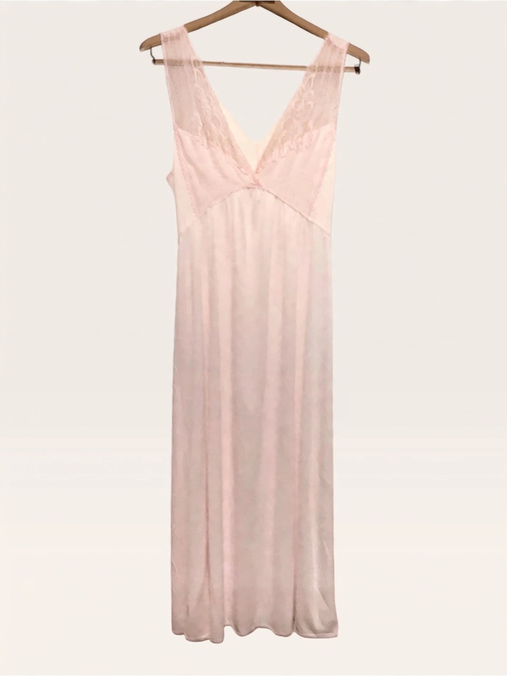 Vintage 60s Texsheen Maxi Nightgown L Goddess Lace Empire Waist Pink Negligee